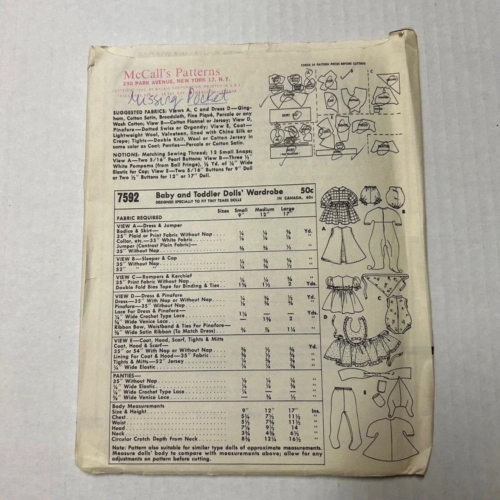 McCalls Vintage 1960's Pattern  #7592 Baby Toddler Doll Wardrobe Size M 12